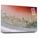 Colorful abstract landscape design printed on acrylic glass, showcasing vibrant hues of blue, green, and yellow in a side view, ideal for modern home decor.