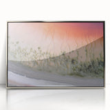 Framed abstract landscape artwork in silver acrylic, showcasing a serene blend of muted blues and greens, perfect for modern home decor or office settings.