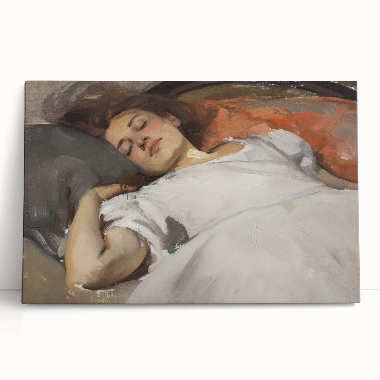 Abstract figurative stretched canvas artwork featuring vibrant colors and dynamic shapes, leaning against a neutral wall, ideal for modern home decor.