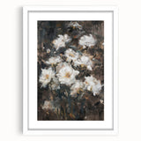 Abstract floral frame artwork showcasing vibrant colors and intricate designs, presented in a sleek white mat. Ideal for modern home decor or office settings.