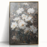 Framed abstract floral artwork in vibrant colors, featuring intricate gold accents against a light background, perfect for modern home decor.
