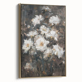 Framed canvas artwork showcasing an abstract floral design in vibrant colors, featuring gold accents and a sleek side view, perfect for modern decor.
