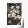 Colorful abstract floral design on rolled canvas print, showcasing vibrant hues of blue, pink, and green, elegantly packaged in a protective tube for art enthusiasts.