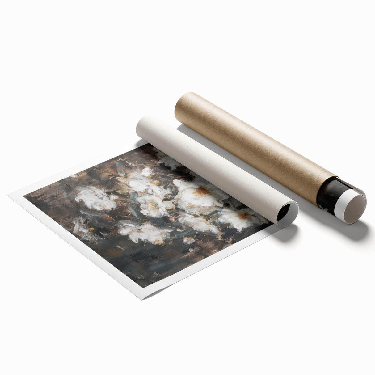 Abstract floral art print on rolled canvas showcasing vibrant colors and intricate patterns, elegantly packaged in a protective cardboard tube for shipping.