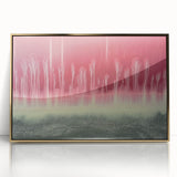Framed abstract landscape artwork in gold acrylic, showcasing vibrant colors and dynamic shapes, ideal for modern home decor or office spaces.