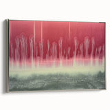 Framed abstract landscape canvas artwork with a silver frame, showcasing vibrant hues of blue and green, ideal for modern home decor. Side view highlights craftsmanship and elegance.