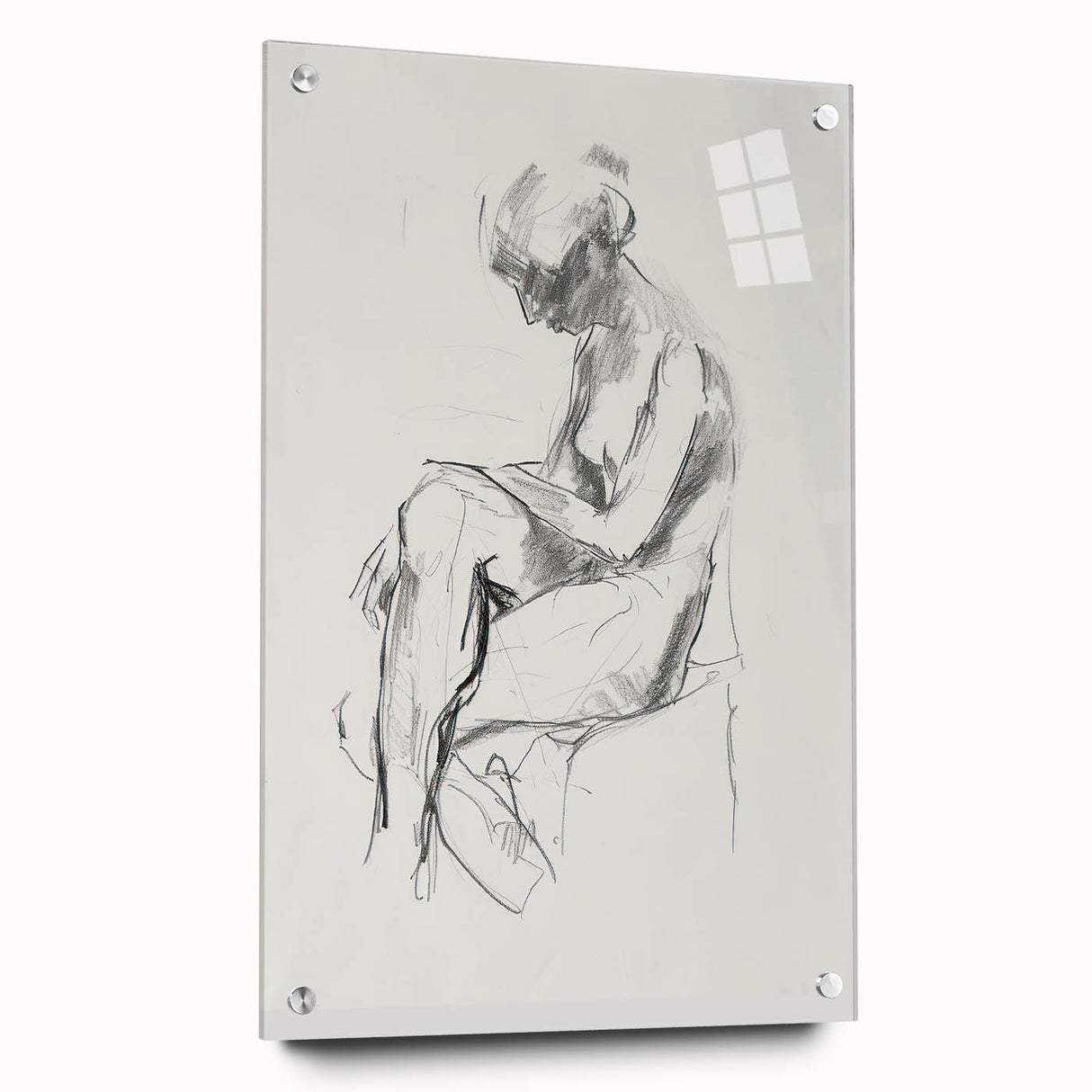 Abstract figurative acrylic artwork displayed in a glass frame, showcasing vibrant colors and intricate pin details from a side view, perfect for modern decor.