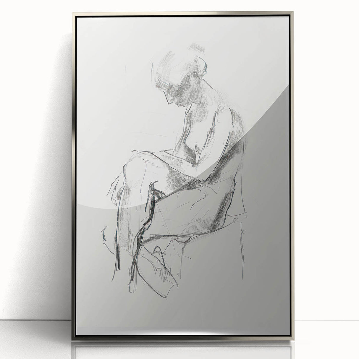 Framed abstract figurative artwork in silver-acrylic finish, showcasing dynamic shapes and vibrant colors, ideal for enhancing modern interior decor.