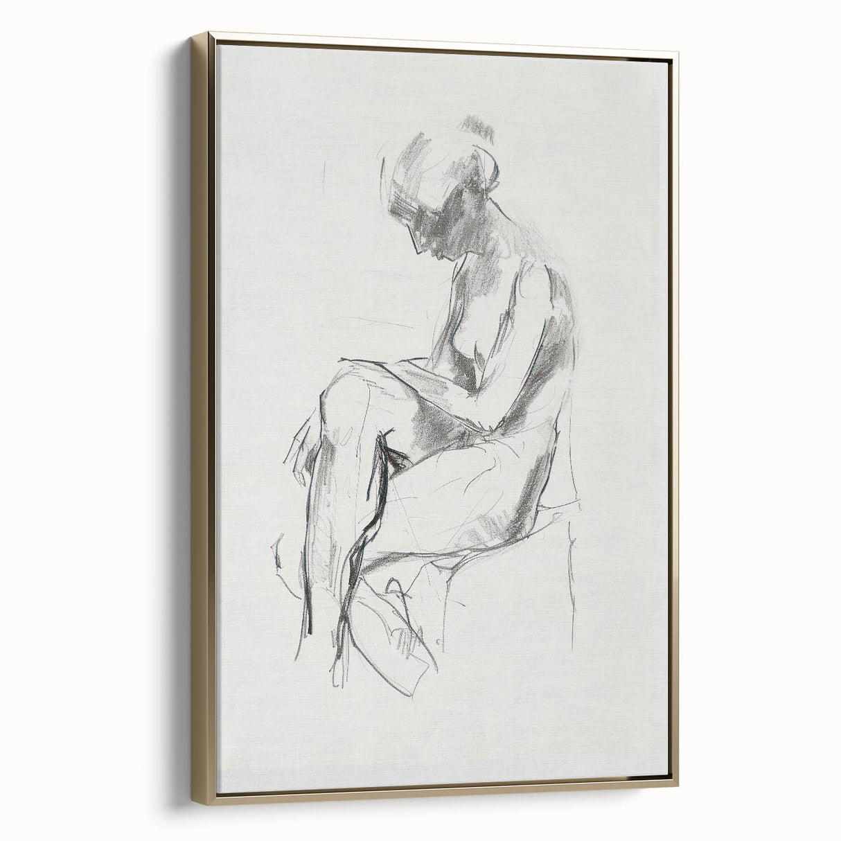 Framed abstract figurative canvas art with a gold frame, showcasing a modern design and vibrant colors, ideal for contemporary home decor.