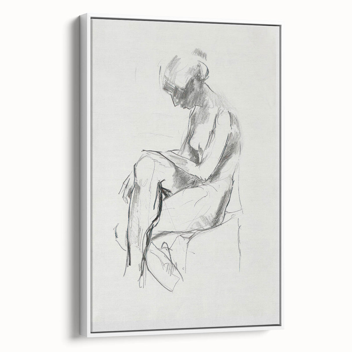 Framed abstract figurative canvas artwork displayed in a sleek white frame, showcasing vibrant colors and dynamic shapes, perfect for modern home decor.