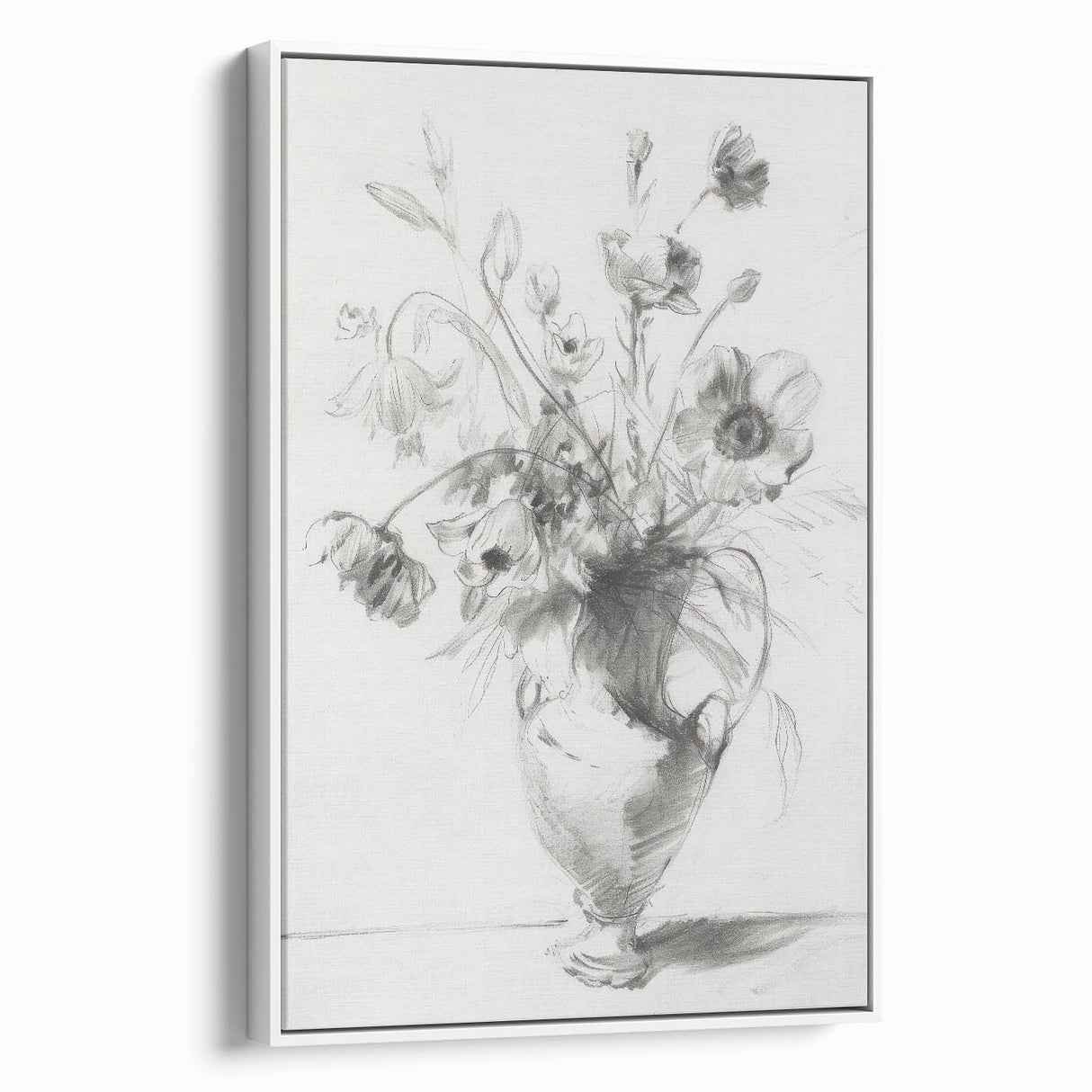 Framed abstract floral canvas artwork in soft pastel colors, showcasing delicate blooms with a modern design, perfect for home decor.