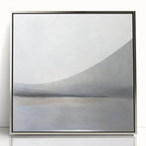Framed acrylic artwork showcasing an abstract landscape with silver accents, ideal for modern home decor. The piece features a blend of soft colors and dynamic shapes, creating a serene atmosphere perfect for living spaces or offices.