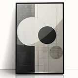 Abstract minimalist wall art framed in black acrylic, showcasing a modern geometric design with subtle color contrasts, perfect for contemporary home decor.