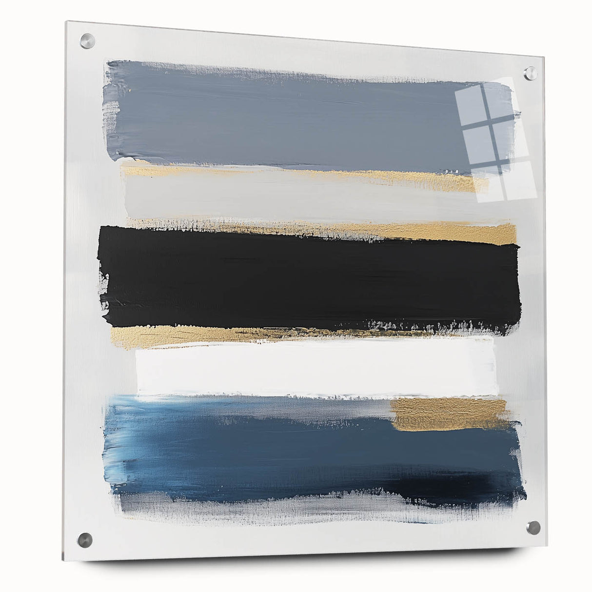 Geometric Abstract Wall Decor – Navy, Gold & Gray Brush Canvas Art