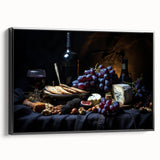 Black and white framed canvas of vintage poster art featuring assorted fruits, ideal for bedroom wall decor.