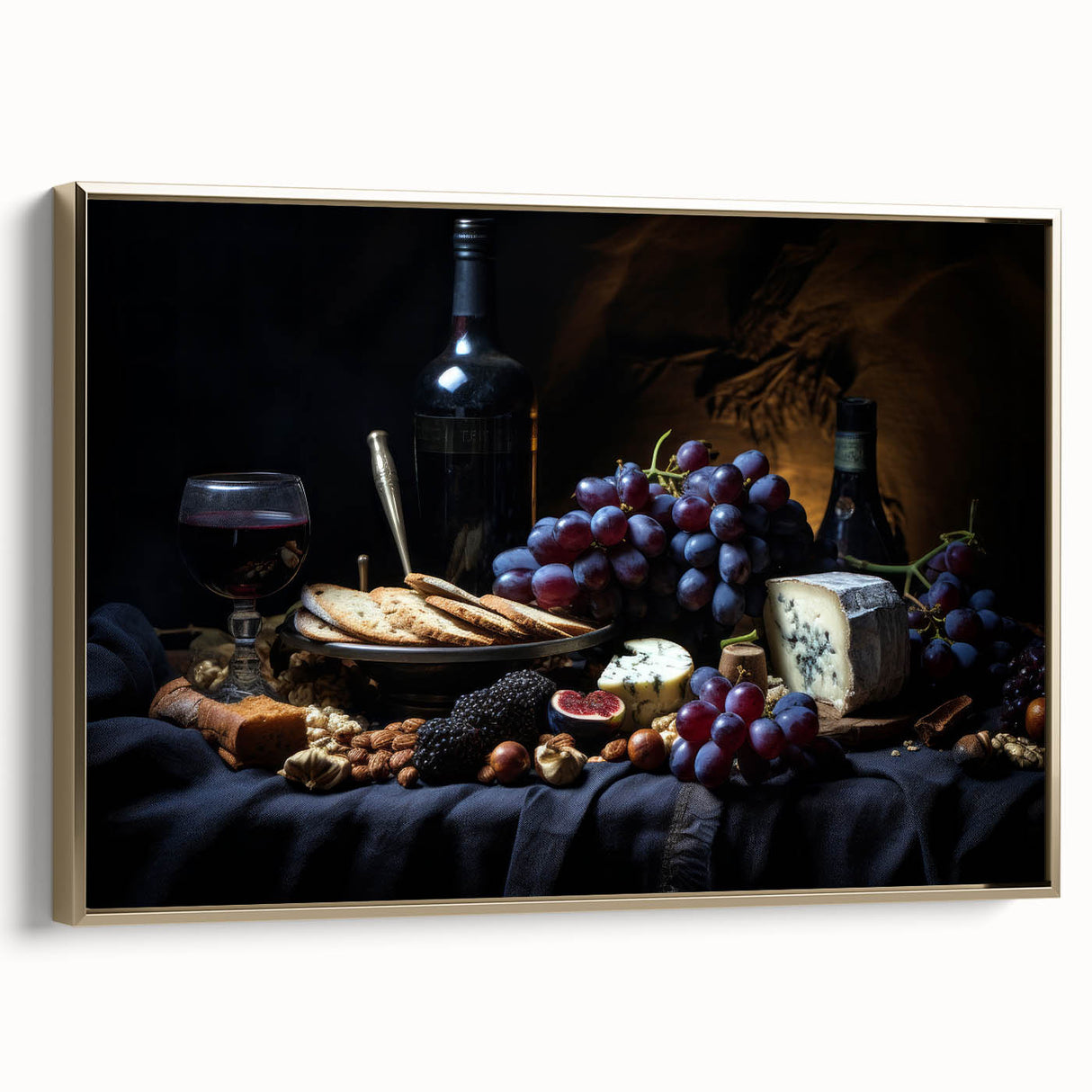 Vintage poster art of colorful fruits on black background, framed canvas, ideal for bedroom wall decor.