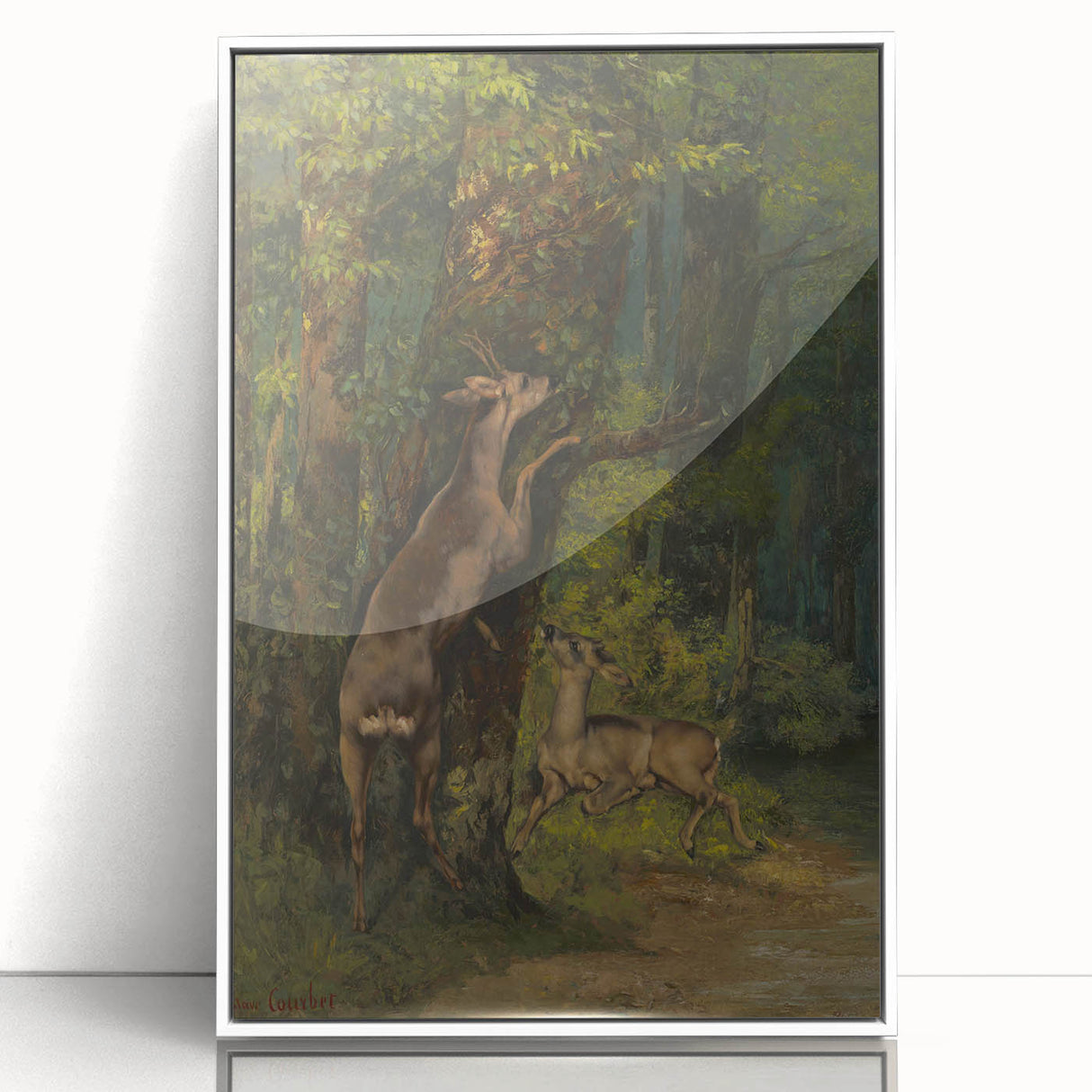 Peaceful Realism Art Print of Deer in a Dense, Lush Forest Landscape