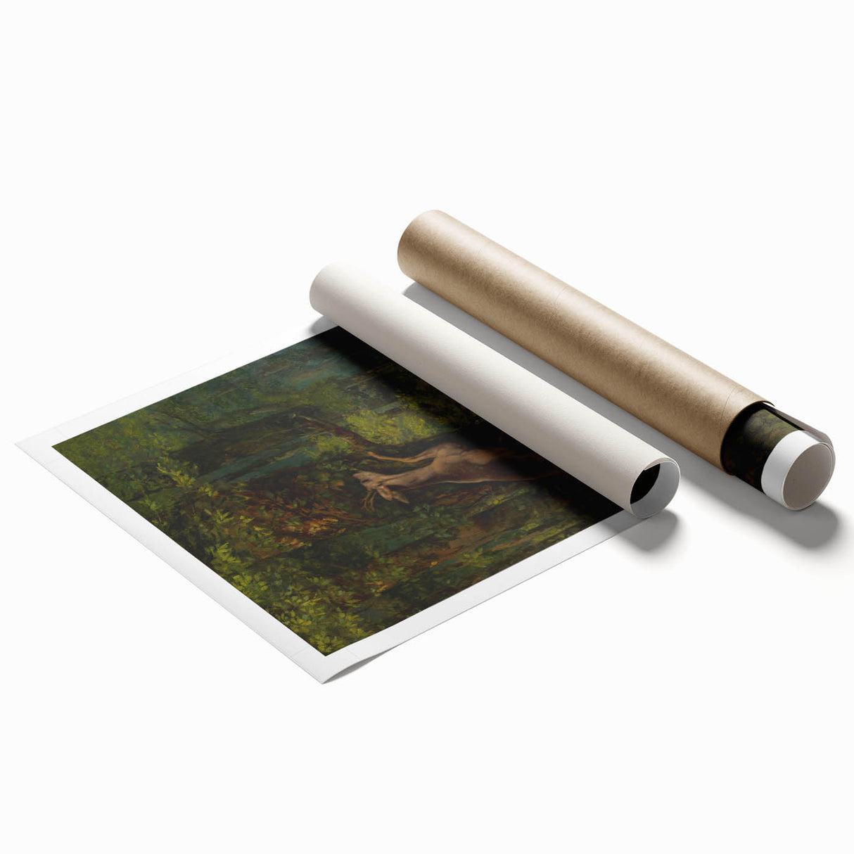 Peaceful Realism Art Print of Deer in a Dense, Lush Forest Landscape