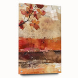 Large abstract wall art on acrylic glass depicting fall colors, ideal for bedroom or dining room decor.
