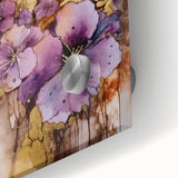 Close-up of an abstract floral acrylic glass artwork showcasing vibrant colors and intricate details, perfect for modern home decor or art enthusiasts.