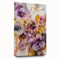 Abstract floral acrylic glass artwork showcasing vibrant colors and intricate patterns, displayed from a side view with decorative pins accentuating its elegance.