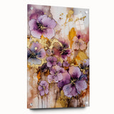 Abstract floral acrylic glass artwork showcasing vibrant colors and intricate patterns, displayed from a side view with decorative pins accentuating its elegance.