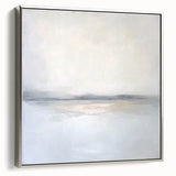 Framed abstract landscape canvas artwork showcasing a serene silver-toned design, emphasizing modern elegance, ideal for enhancing contemporary home decor.