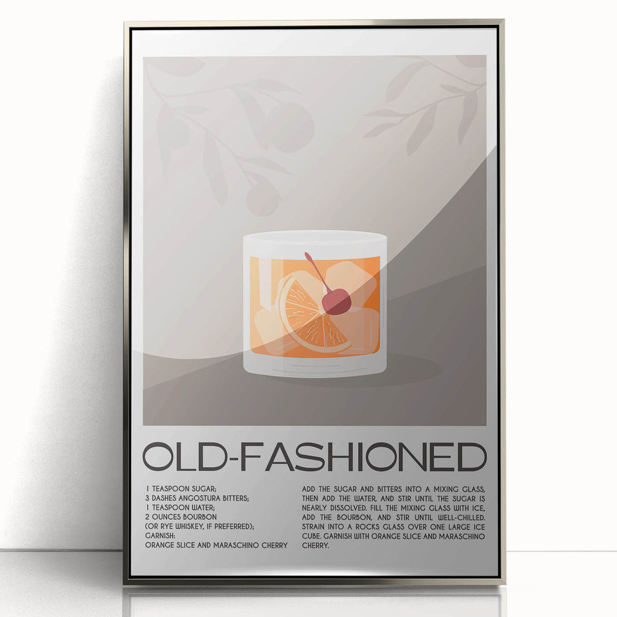 Mid-century modernist art depicting colorful abstract food and drinks on a silver-framed acrylic print.