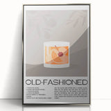 Mid-century modernist art depicting colorful abstract food and drinks on a silver-framed acrylic print.