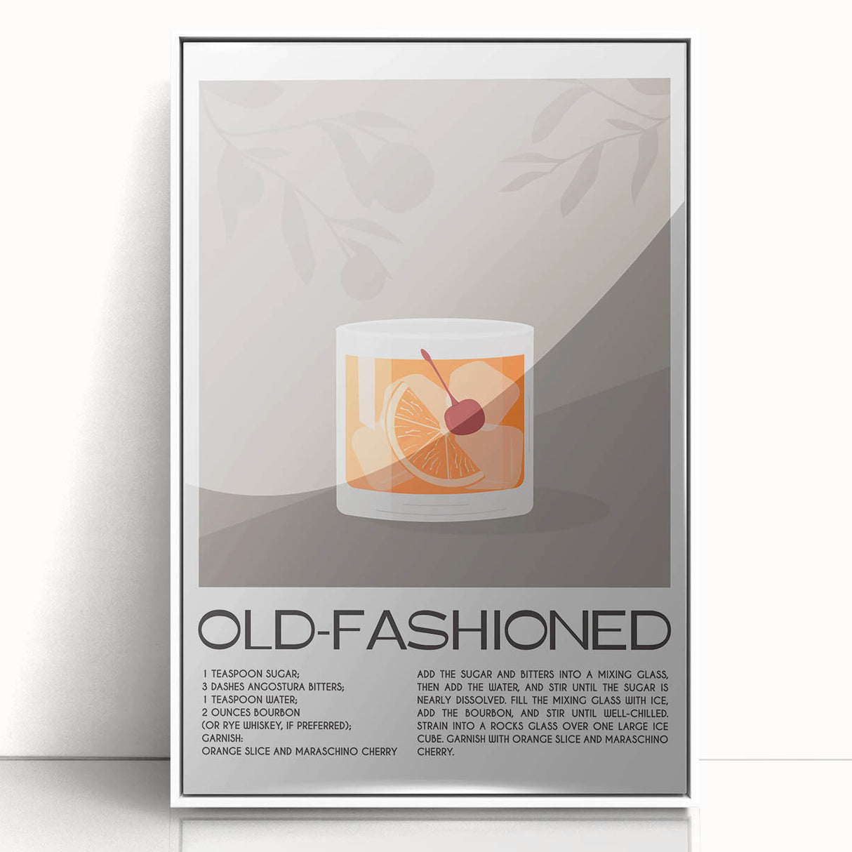 Art deco poster of food and drinks in monochrome shades on a white acrylic framed print, suitable for modern kitchen decor.