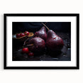 Extra large abstract art print featuring colorful, textured fruits on a black framed canvas, ideal for living room decor.
