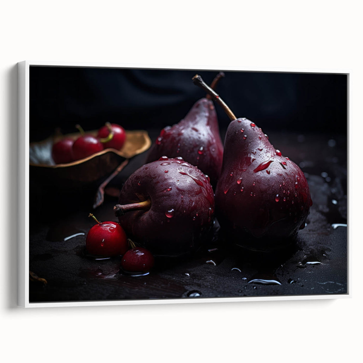Vintage poster art featuring colorful fruits on a black background, framed canvas, ideal for living room decor.