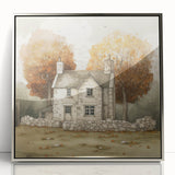Mid-century modernist art featuring an abstract fall design in warm hues on a silver-framed acrylic.