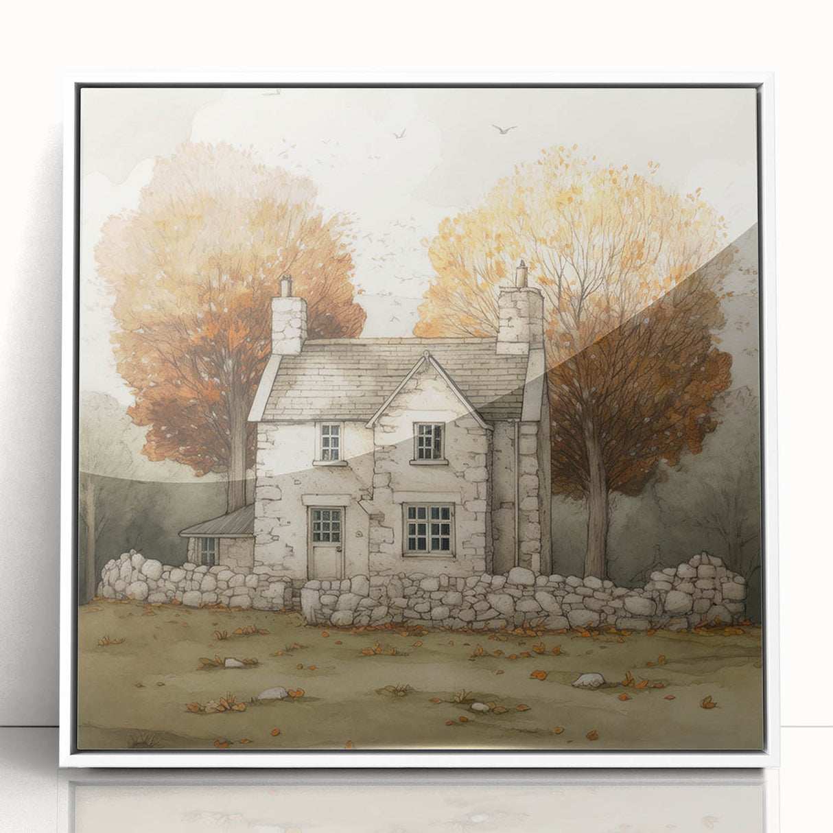 Art deco poster featuring a minimalist autumn scene in muted orange and brown tones, framed in white acrylic.