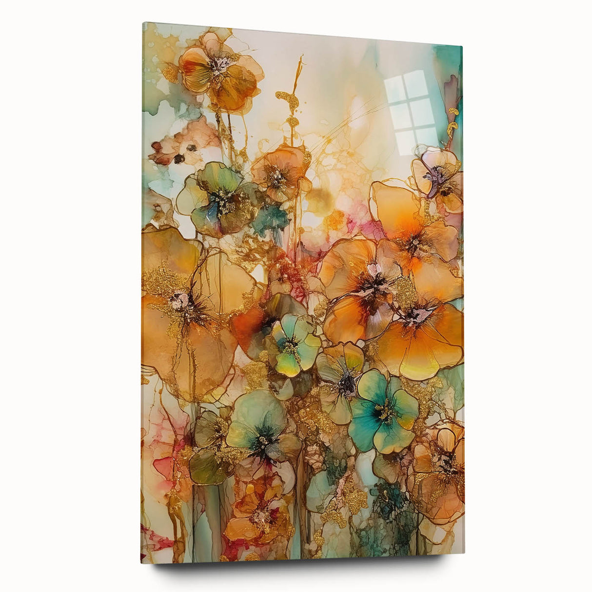 Abstract floral design printed on acrylic glass, showcasing vibrant colors and intricate patterns, viewed from the side, ideal for modern home decor.