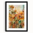 Black-framed abstract floral artwork with a white mat, showcasing vibrant colors and intricate designs, ideal for modern home decor or office spaces.