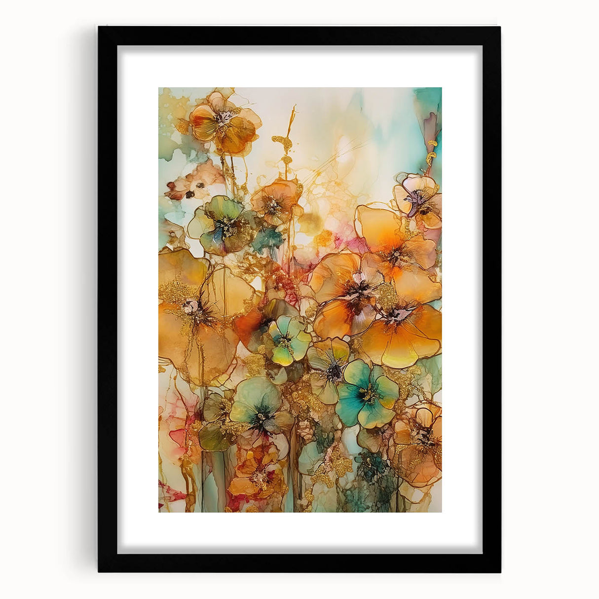 Black-framed abstract floral artwork with a white mat, showcasing vibrant colors and intricate designs, ideal for modern home decor or office spaces.