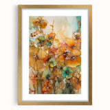 Elegant abstract floral art framed in gold, showcasing vibrant colors and intricate details, perfect for home decor or as a statement piece in any room.