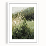 Abstract floral art print featuring a white frame and matting, showcasing vibrant colors and intricate designs, perfect for modern home decor or gallery displays.