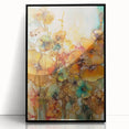 Framed acrylic artwork showcasing vibrant abstract floral designs with a sleek black border, ideal for modern home decor or office settings, enhancing aesthetic appeal.