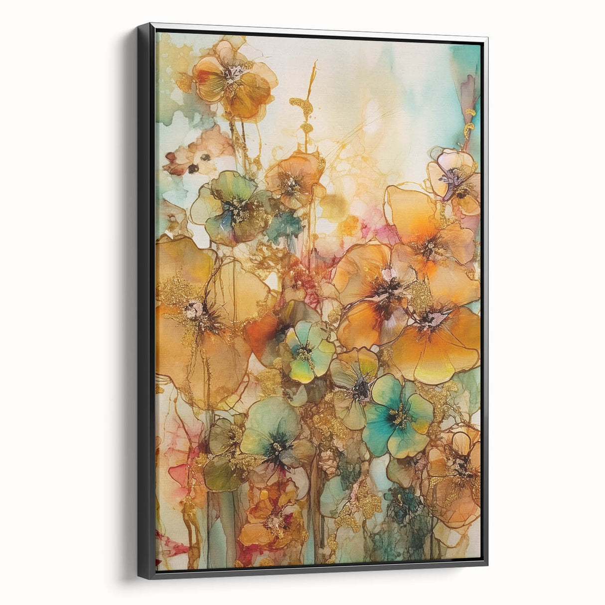Abstract floral framed canvas artwork showcasing vibrant colors and intricate designs, set against a sleek black frame, perfect for modern home decor.