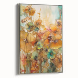 Framed canvas artwork showcasing abstract floral designs in vibrant colors, featuring a sleek silver frame that enhances its aesthetic appeal. Ideal for modern home decor or office spaces.
