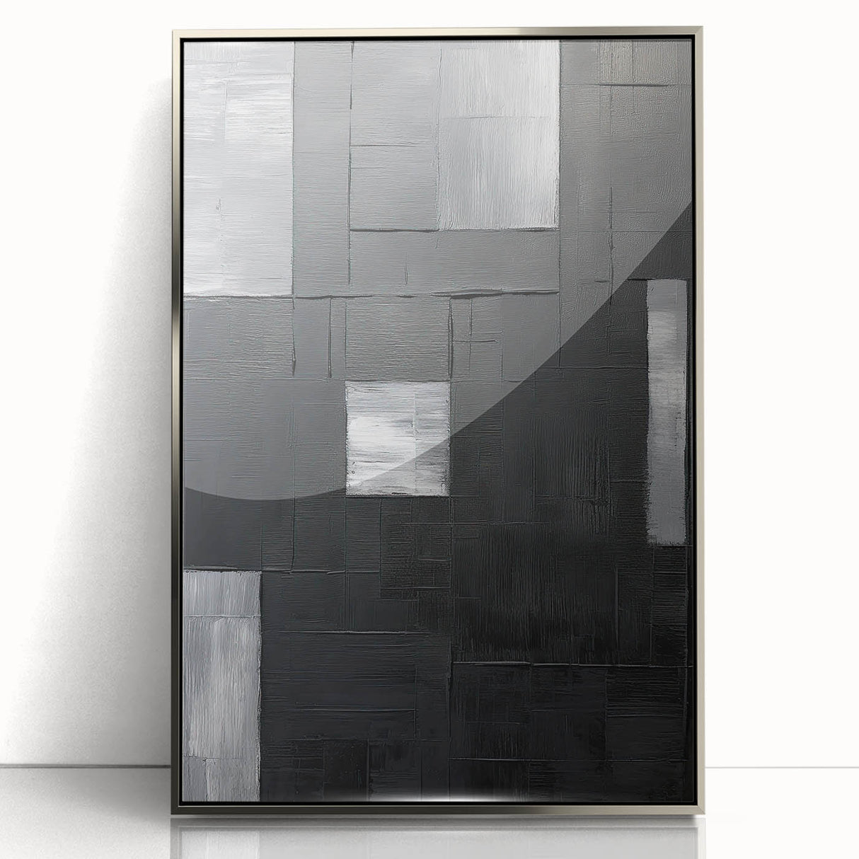Framed abstract minimalist wall art featuring a silver acrylic finish, showcasing sleek lines and modern design ideal for contemporary home decor.