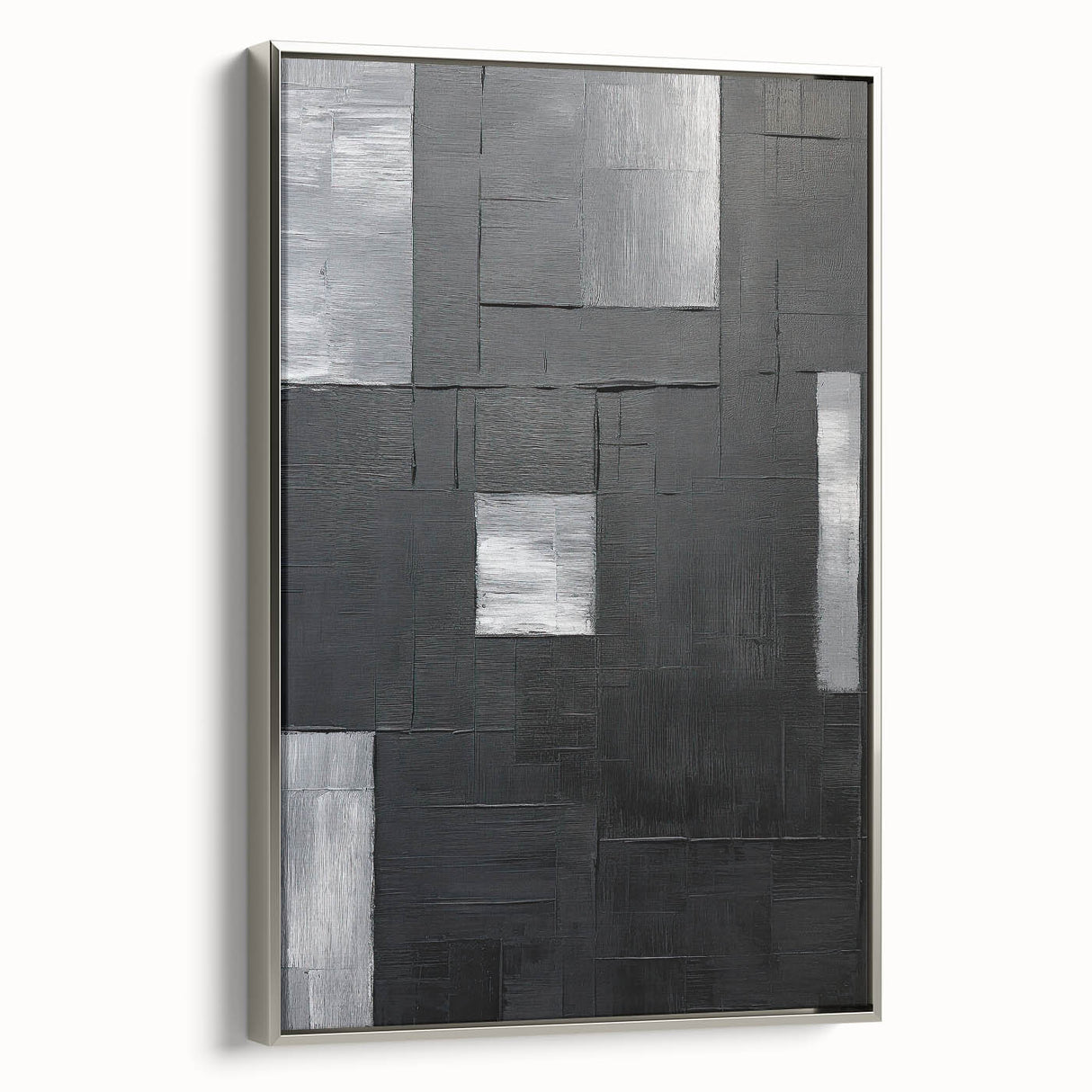 Framed minimalist wall art canvas in silver, showcasing an abstract design with soft, flowing shapes and a modern aesthetic, ideal for contemporary decor.