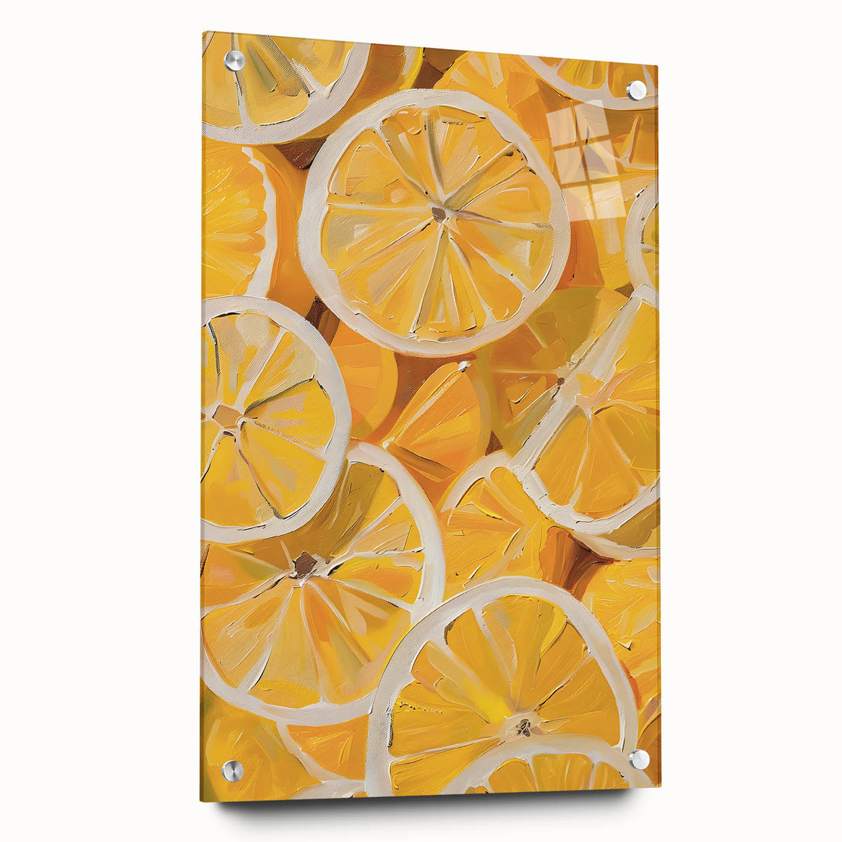 Large abstract wall art featuring assorted fruits in vibrant colors on acrylic glass, ideal for dining room decor.