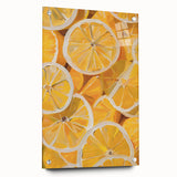 Large abstract wall art featuring assorted fruits in vibrant colors on acrylic glass, ideal for dining room decor.