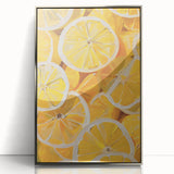 Mid-century modernist art featuring assorted fruits in vibrant colors, framed in silver acrylic, ideal for nursery wall art.