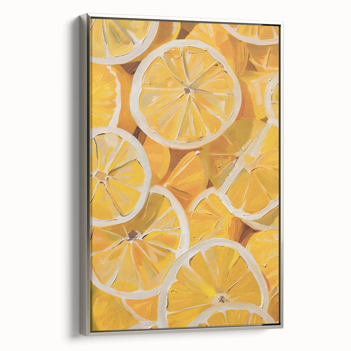 Landscape painting of colorful fruits on a black background, framed in silver, ideal for kitchen wall decor.