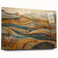 Large abstract wall art depicting fall foliage in red and orange tones, acrylic glass, ideal for dining room decor.