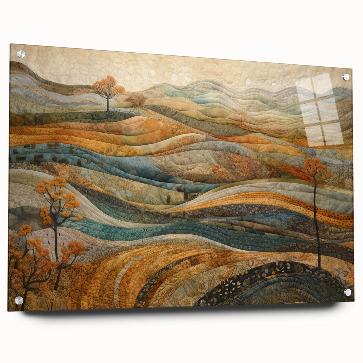 Large abstract wall art depicting fall foliage in red and orange tones, acrylic glass, ideal for dining room decor.